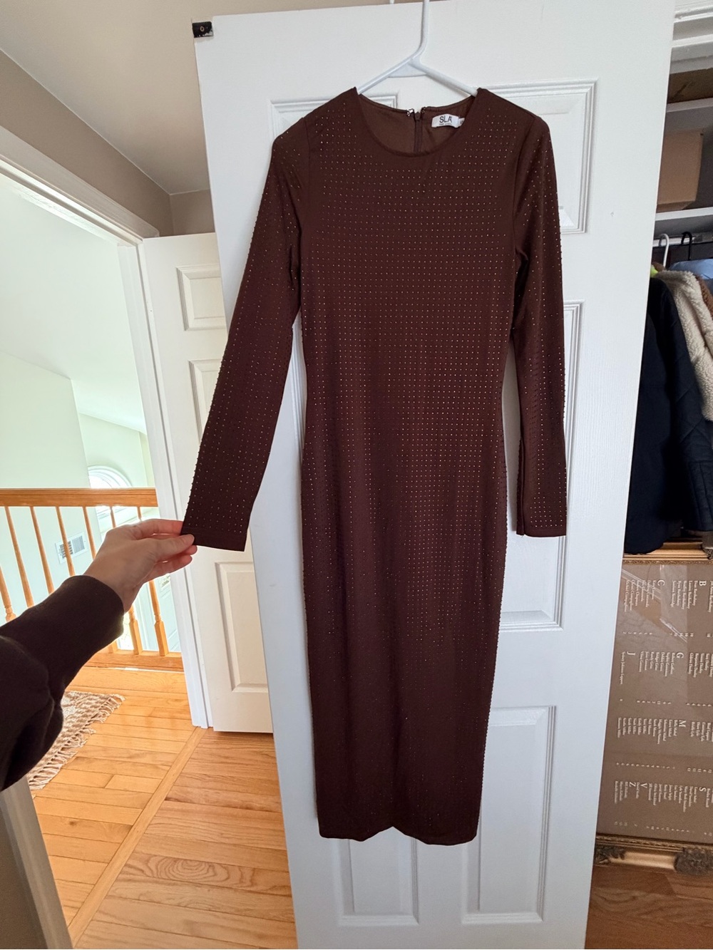 Elegant Brown Long-Sleeve Midi Dress with Stud Detailing